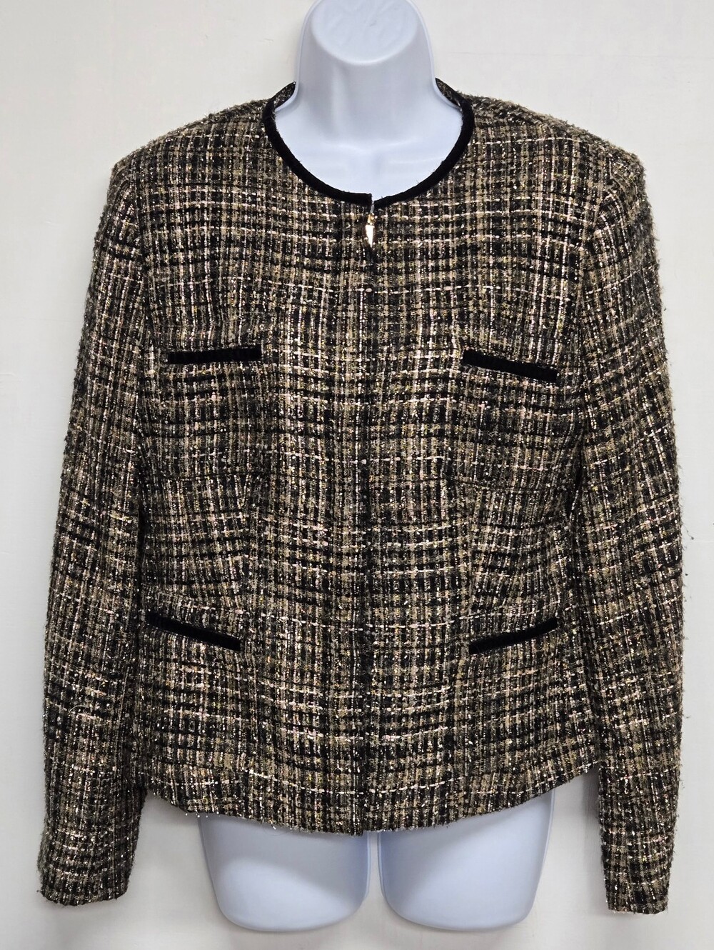 Jones New York 10 Tweed Blazer Jacket Gold Black Metallic Zip Down Boxy